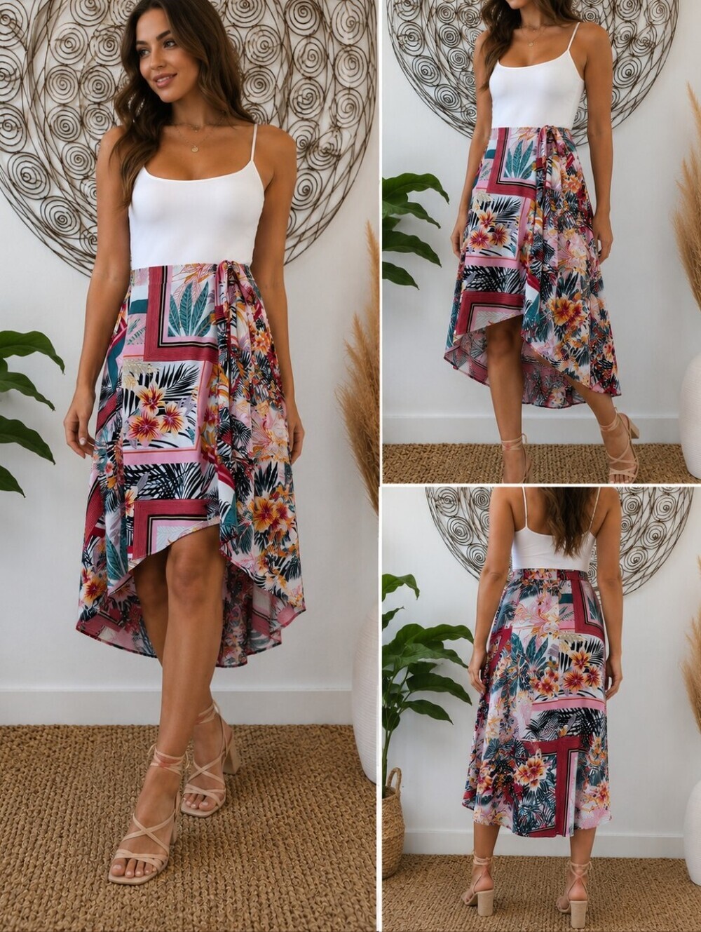 Tropical High Low Mock Wrap Skirt Women’s Small Pink Floral Midi Boho